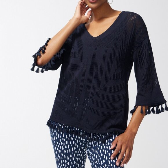 Chico's‎ Semi-Sheer Tasseled Top Size L Navy Abstract Palm Frond Print Resort - Picture 1 of 10